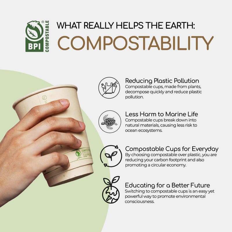 LB LIVING BALANCE Living Balance Certified Compostable Coffee Cups 12 oz â€“ 100 Pack Cups with Integrated Sleeves | Leak Proof, BPA-Free & CPLA Certified Plant-based | To-Go cup for Hot & Cold Drinks - Image 5